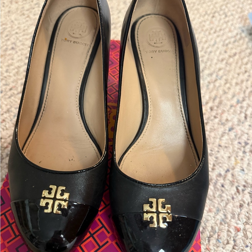 Tory Burch Black Heels with Gold Emblem